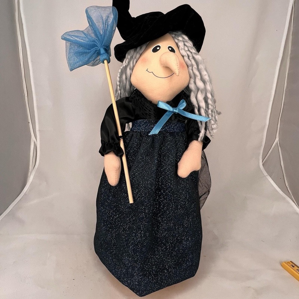 Handmade Folk Art Witch Doll Shelf Sitter Plush Halloween Decor Black Teal Broom